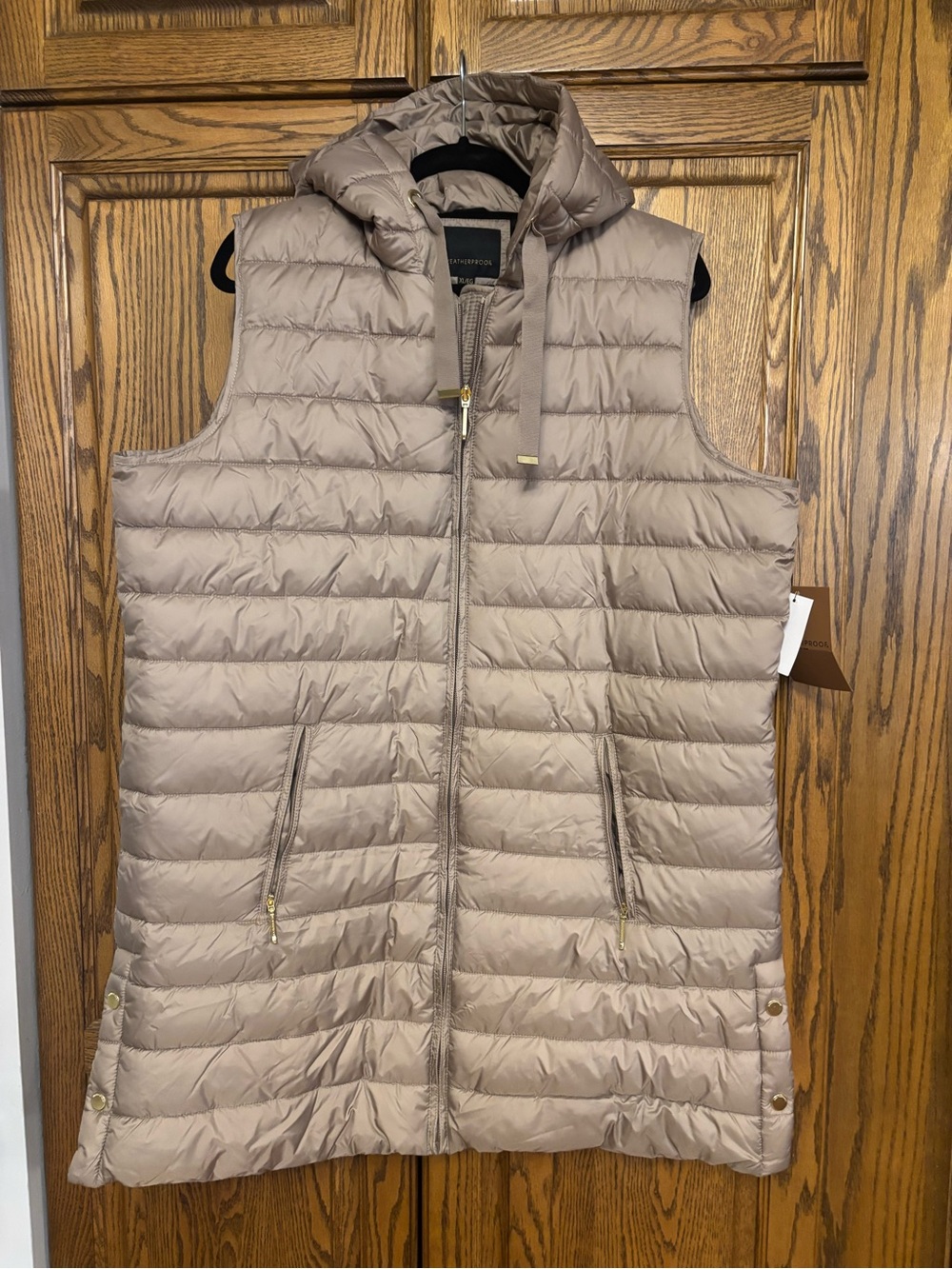 Weatherproof Sleeveless Quilted Hooded Vest — Taupe long vest size xlg new